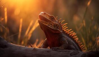 A large green lizard crawls on a branch at dusk generated by AI photo