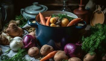 Freshness of organic vegetables on rustic wooden table, cooking healthy meals generated by AI photo