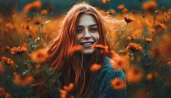 Smiling young woman enjoys nature beauty, carefree and cheerful generated by AI photo