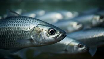 Underwater, nature beauty showcases a school of fish swimming gracefully generated by AI photo