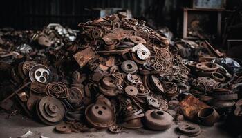 Metal workshop heap of rusty scrap metal, dirty equipment repairing generated by AI photo