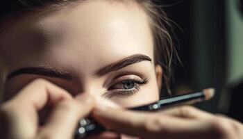 Young adult woman applying beauty product, looking glamorous with brown hair generated by AI photo