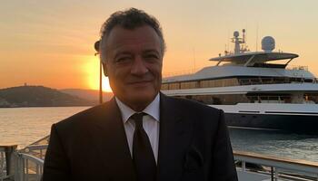 A successful businessman on a yacht, smiling at the sunset generated by AI photo