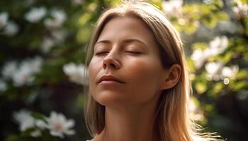 Young woman enjoying the outdoors, eyes closed, smiling in nature generated by AI photo