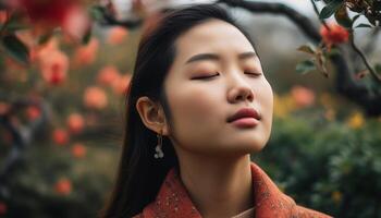 un hermosa joven mujer sonriente, rodeado por naturaleza elegancia generado por ai foto