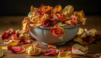 Wooden table with a bowl of dried flower petals, rustic decoration generated by AI photo