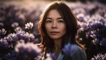 joven mujer disfrutando el belleza de naturaleza en un prado generado por ai foto