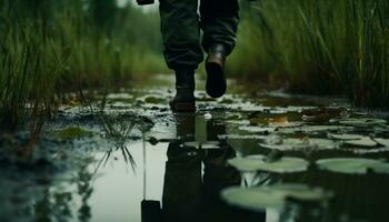 A man walking in the forest near a tranquil pond generated by AI photo