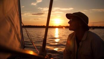 One person sailing on a yacht, enjoying the sunset generated by AI photo