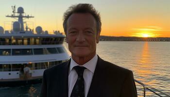 Smiling businessman looking at camera, enjoying sunset on yacht generated by AI photo