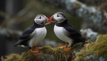 Puffin perching on cliff, surrounded by colorful nature and wildlife generated by AI photo