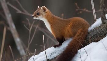 A cute mammal sitting on a branch, looking at the camera generated by AI photo