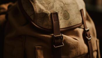 Leather bag, adventure travel, backpack hiking, elegance in nature generated by AI photo