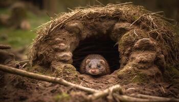 Cute mammal in the wild, small rat hiding in grass generated by AI photo