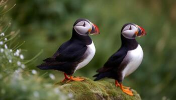 A colorful puffin perched on a branch, looking at the camera generated by AI photo