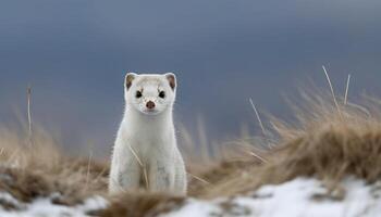 Cute mammal sitting in snow, staring at camera, whiskers twitching generated by AI photo