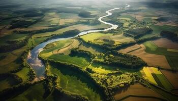 Aerial view of a high angle farm landscape, green meadows generated by AI photo