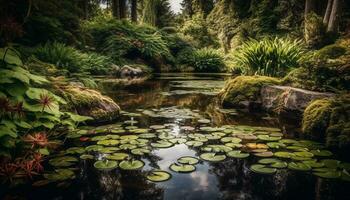 Tranquil scene of a green forest with flowing water and ferns generated by AI photo
