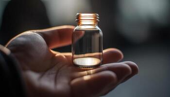 A doctor hand holding a medicine bottle, focusing on foreground generated by AI photo