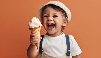 linda caucásico chico disfrutando hielo crema, sonriente con alegría y inocencia generado por ai foto