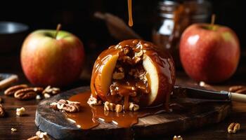 Freshly baked apple pie on a rustic wooden table, tempting indulgence generated by AI photo