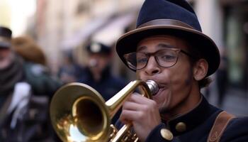 A musician playing trumpet outdoors, captivating the audience with music generated by AI photo