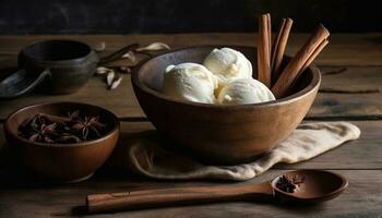 Wooden bowl holds a rustic dessert with fresh organic fruit generated by AI photo