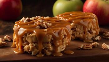 A plate of indulgent homemade chocolate caramel walnut fudge dessert generated by AI photo