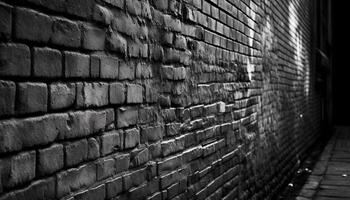 resumen ladrillo modelo en antiguo edificio muro, rodeado por negro y blanco ciudad vida generado por ai foto