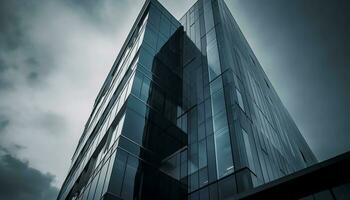 Modern skyscraper reflects the futuristic cityscape in a monochrome toned image generated by AI photo