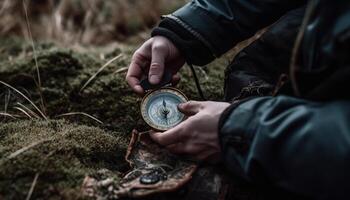 A person hiking in the forest, holding a navigational compass generated by AI photo