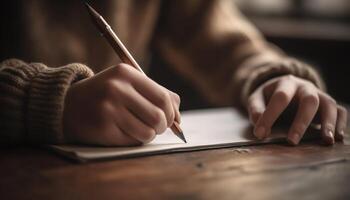 One person hand working on paper, close up on table generated by AI photo