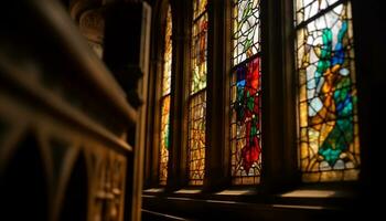 Stained glass window illuminates ancient chapel, showcasing Gothic architecture generated by AI photo