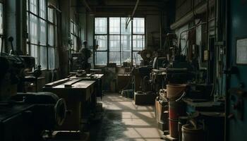 obrero metalúrgico en un pequeño fábrica refacción maquinaria con pericia generado por ai foto