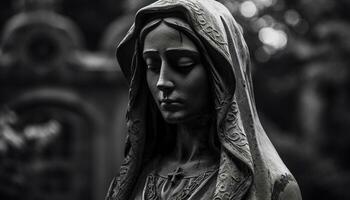 A solemn young woman prays at a gothic style tombstone outdoors generated by AI photo