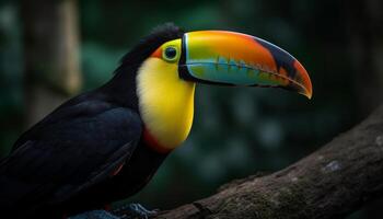 vibrante tucán encaramado en rama, exhibiendo naturaleza vistoso belleza generado por ai foto