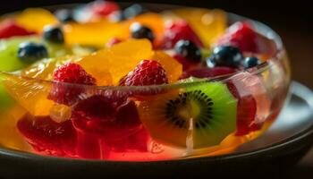 Freshness and variety on a colorful plate of healthy fruit salad generated by AI photo
