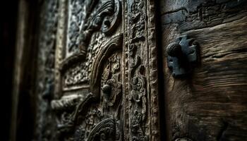 Old wooden door with rusty lock and ornate brass handle generated by AI photo