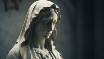 un sereno mujer Orando en frente de un gótico estilo estatua generado por ai foto