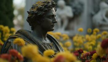 cristiandad símbolo, un estatua de Jesús, soportes en un formal jardín generado por ai foto