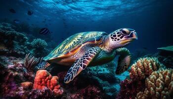 Underwater turtle swimming in blue sea, surrounded by coral reef generated by AI photo