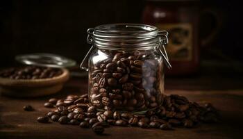 Freshly brewed coffee in a rustic wooden coffee cup on table generated by AI photo