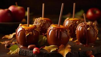 Autumn indulgence gourmet chocolate dipped apple, caramel, and marshmallow snack generated by AI photo