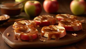 un hecho en casa postre, un dulce manzana en un rústico de madera mesa generado por ai foto