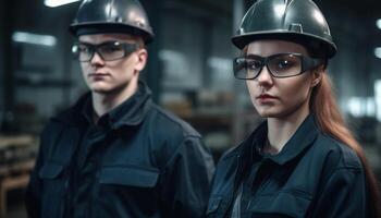 Two young adult engineers in protective workwear looking at camera generated by AI photo