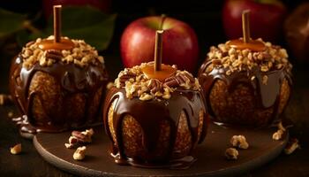 Homemade chocolate dipped apple with caramel, pecan, and dark chocolate generated by AI photo