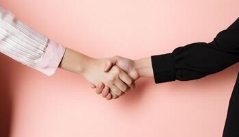 Businessman and businesswoman shaking hands in a successful teamwork agreement generated by AI photo