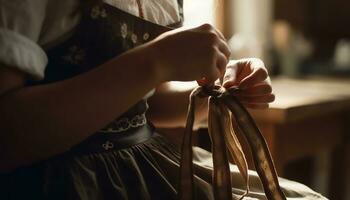 One woman sitting indoors, holding a handmade rope with elegance generated by AI photo