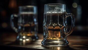 A frothy pint of beer on a wooden pub table generated by AI photo