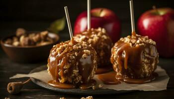 Indulgent gourmet dessert chocolate dipped caramel apple with crunchy pecan generated by AI photo